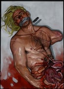 1boy aegyo_sal amputee arm_hair armpit_hair beard blonde_hair blood blood_on_hand blood_splatter bloodshot_eyes chest_hair