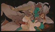 1boy 1girl anklet aqua_nails blue_eyeshadow brown_hair clitoral_hood clitoris clothed_female_nude_male demon_boy dress earrings